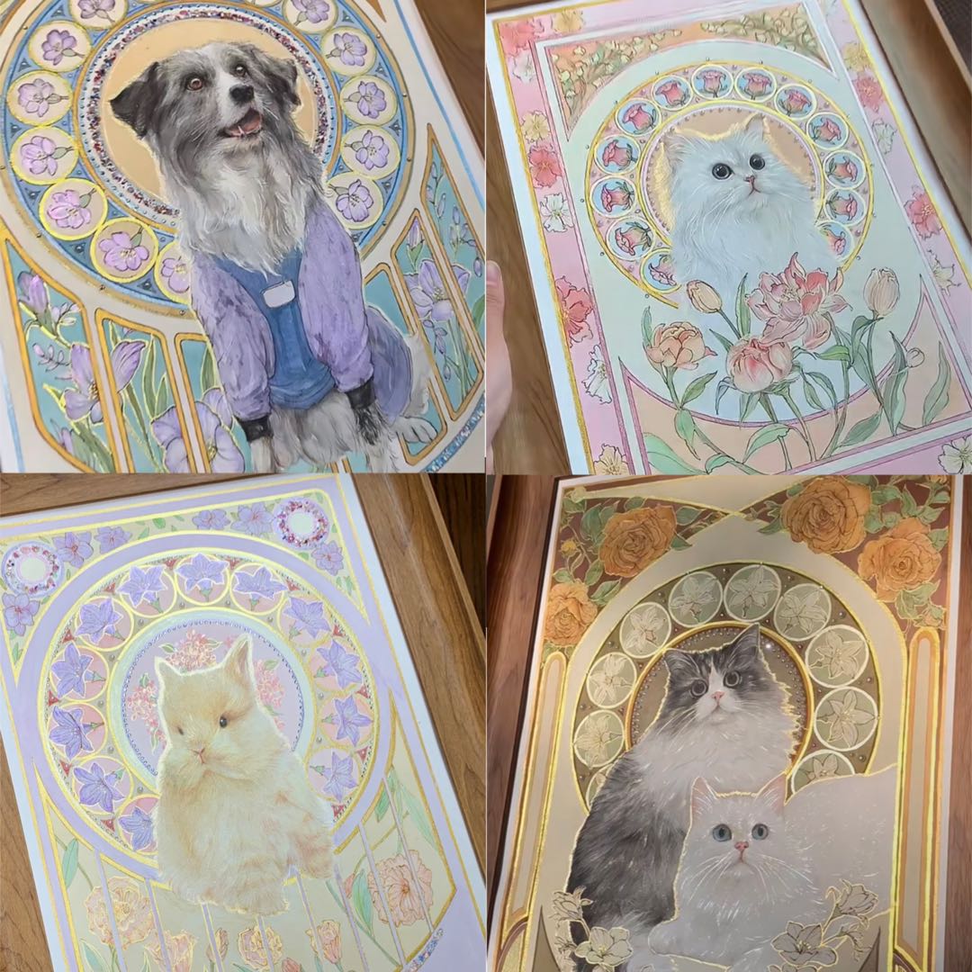 Hand-Painted Art Nouveau Style Pet Portrait
