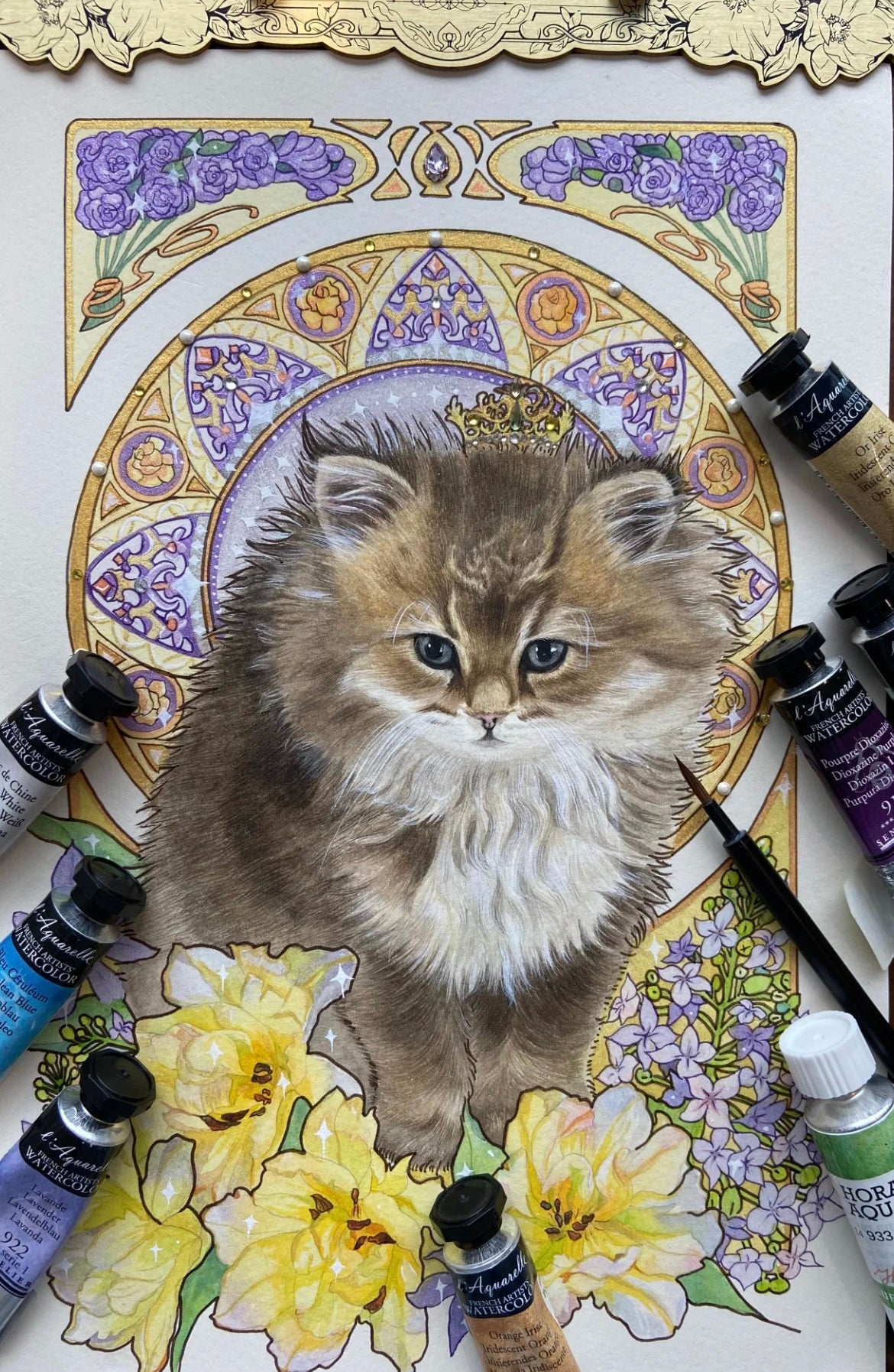 Hand-Painted Art Nouveau Style Pet Portrait